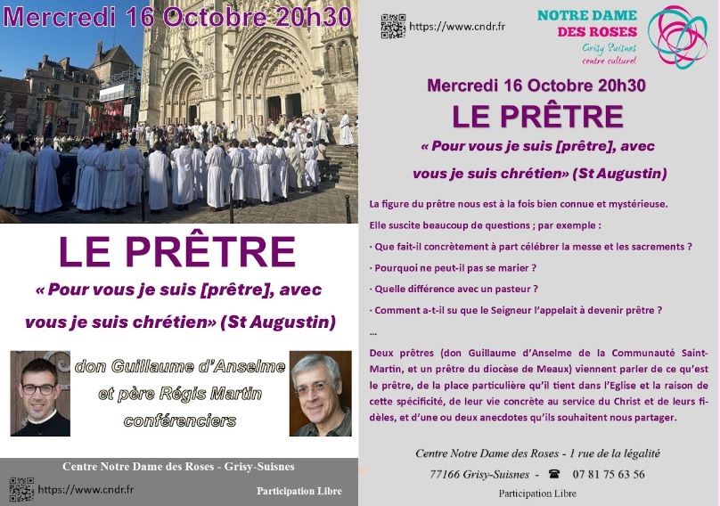 Conférence : Le prêtre, « Pour vous je suis (prêtre), avec vous je suis chrétien » Saint Augustin